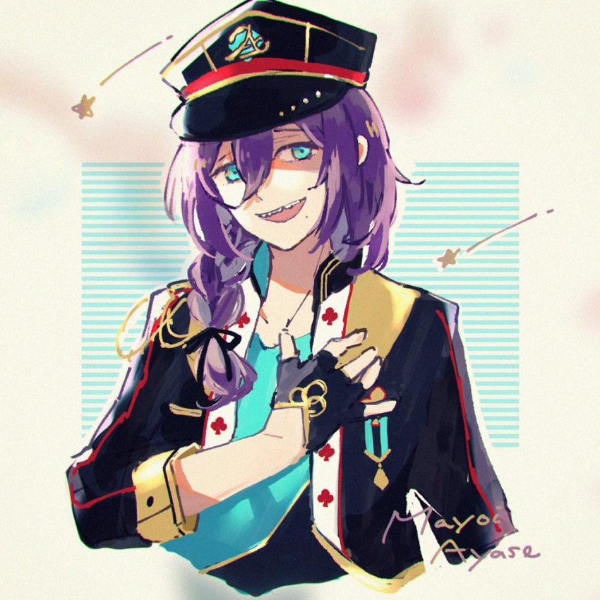 1boy ayase_mayoi black_gloves black_headwear black_jacket blue_background blue_shirt braid ensemble_stars! gloves hand_on_own_chest hat highres jacket long_hair male_focus mole mole_under_mouth multicolored_background nig_18 open_mouth peaked_cap purple_hair sharp_teeth shirt smile solo star_(symbol) teeth white_background