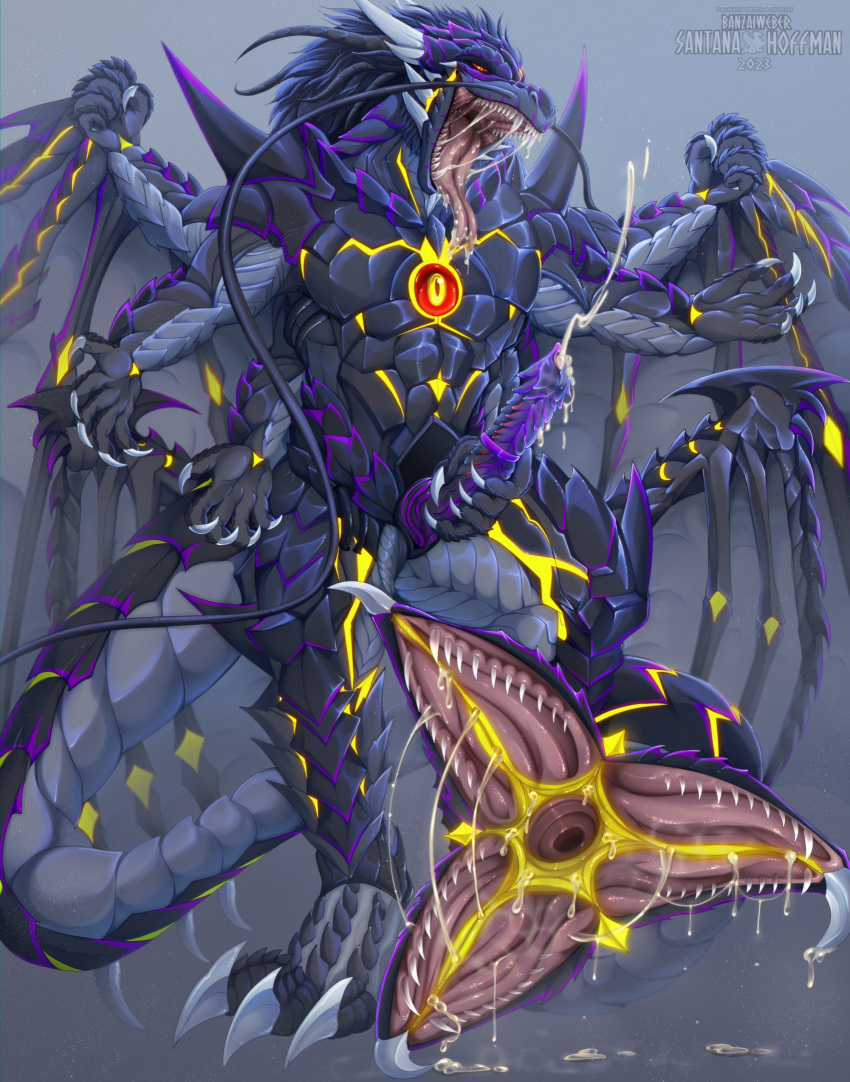 2023 6_arms anthro artist_name black_body bodily_fluids cum cumshot dated dragon ejaculation erection fangs genital_fluids genitals grey_body grey_scales grey_wings hi_res male masturbation membrane_(anatomy) membranous_wings multi_arm multi_limb muscular muscular_anthro muscular_male narrowed_eyes nude open_mouth penile penile_masturbation penis purple_penis red_sclera ridged_penis saliva saliva_string santanahoffman scales scalie sharp_teeth signature solo tail tail_mouth teeth tongue tongue_out unusual_anatomy unusual_tail wings yellow_eyes