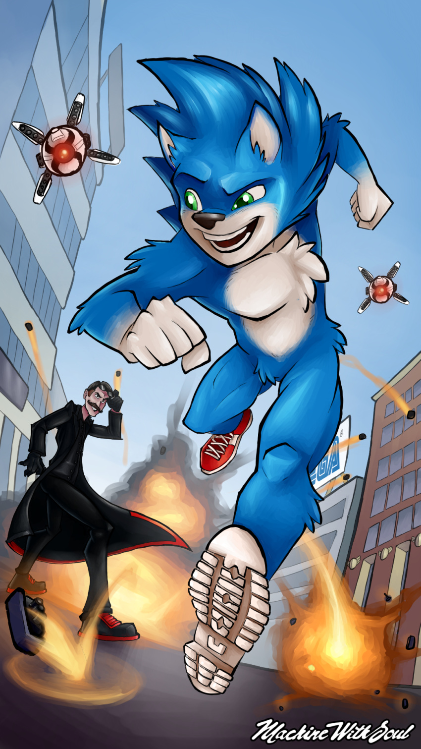 2019 9:16 action_pose action_scene anthro biped black_bottomwear black_clothing black_coat black_gloves black_handwear black_nose black_pants black_shirt black_topwear blue_body blue_hair bottomwear city clothed clothing coat countershade_torso countershading dr._eggman eulipotyphlan explosion eyebrows eyewear eyewear_on_head facial_hair featureless_crotch gloves gloves_(marking) green_eyes group hair handwear hedgehog hi_res human looking_at_another machine machinewithsoul male mammal markings mustache open_mouth outside pants pose robot running sega shirt short_hair smile sneakers_only sonic_the_hedgehog sonic_the_hedgehog_(film) sonic_the_hedgehog_(series) standing sunglasses sunglasses_on_head tongue topwear white_markings