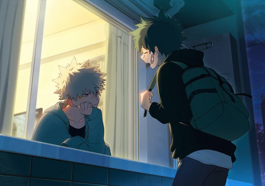 2boys alternate_costume backpack bag bakugou_katsuki bandaid bandaid_on_face bandaid_on_nose bangs black_jacket black_shirt blonde_hair blue_pants blurry blurry_background blush boku_no_hero_academia casual closed_eyes closed_mouth collarbone curtains drawstring elbow_rest eyebrows_hidden_by_hair facing_another freckles freestyle18 frown green_bag green_hair green_jacket hair_between_eyes hand_on_own_arm hand_up head_on_hand head_rest holding_strap hood hooded_jacket jacket leaning_forward light long_sleeves looking_at_another male_focus midoriya_izuku multiple_boys night nose_blush open_mouth open_window pants perspective red_eyes sanpaku shirt short_hair sleeves_past_fingers sleeves_past_wrists snap-fit_buckle spiked_hair standing t-shirt teeth through_window upper_body upper_teeth_only v-shaped_eyebrows white_shirt window windowsill