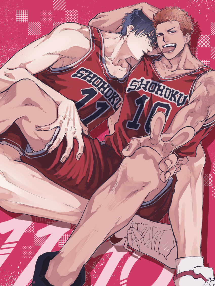 2boys a_nzi_end abstract_background absurdres basketball_jersey basketball_uniform bishounen biting biting_clothes black_eyes black_hair couple hand_on_another's_head hand_on_another's_hip hand_on_another's_thigh highres looking_at_viewer male_focus multiple_boys red_hair red_shorts red_tank_top rukawa_kaede sakuragi_hanamichi shoes short_hair shorts side-by-side sitting slam_dunk_(series) sneakers sportswear tank_top toned toned_male tongue tongue_out v yaoi