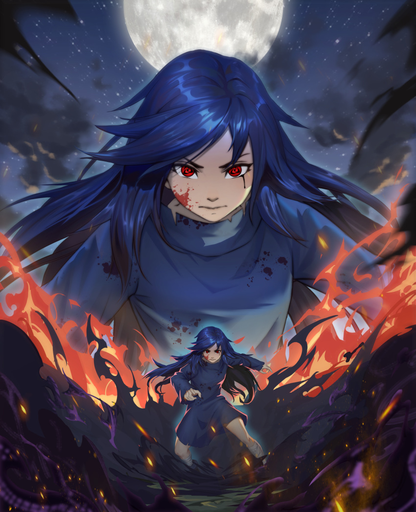 1girl absurdres bandaged_leg bandages black_fire black_hair blood blood_from_eyes blood_on_clothes blood_on_face blue_robe boruto:_naruto_next_generations cloud fire full_moon highres long_hair looking_at_viewer mangekyou_sharingan moon naruto_(series) night outdoors red_eyes robe sharingan sky star_(sky) starry_sky uchiha_nanashi yagami-hilarious