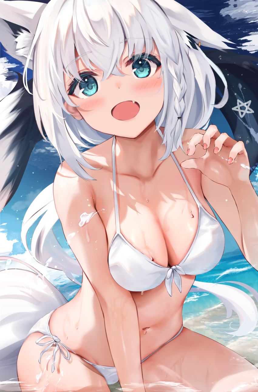 1girl :d absurdres animal_ears blue_eyes breasts claw_pose highres hololive looking_at_viewer shirakami_fubuki smile solo swimsuit tail uechin_ewokaku virtual_youtuber white_hair