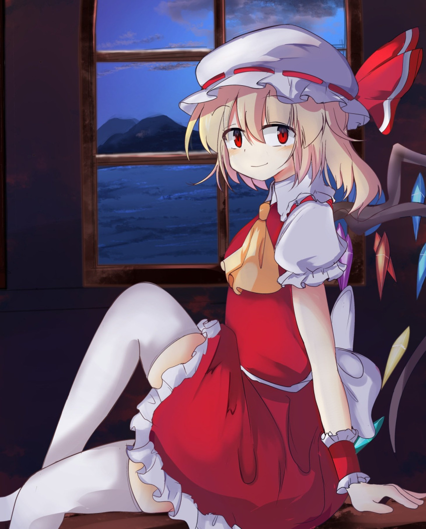 1girl ascot blonde_hair bow collared_shirt crystal flandre_scarlet hat hat_bow highres indoors looking_at_viewer miniskirt mob_cap puffy_short_sleeves puffy_sleeves red_skirt safupara_(crnsrd65) shirt short_hair short_sleeves side_ponytail sitting skirt thighhighs touhou vest white_headwear white_thighhighs window wings yellow_ascot