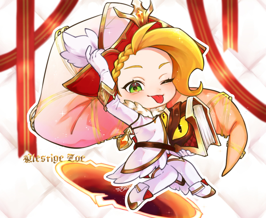 1girl ;p arm_up blonde_hair book chibi english_text gloves green_eyes highres holding holding_book jewelry league_of_legends long_hair necklace neko-me-kun official_alternate_costume one_eye_closed portal_(object) prestige_arcanist_zoe_(league_of_legends) red_background smile solo thighhighs tongue tongue_out white_background white_footwear white_gloves white_thighhighs zoe_(league_of_legends)