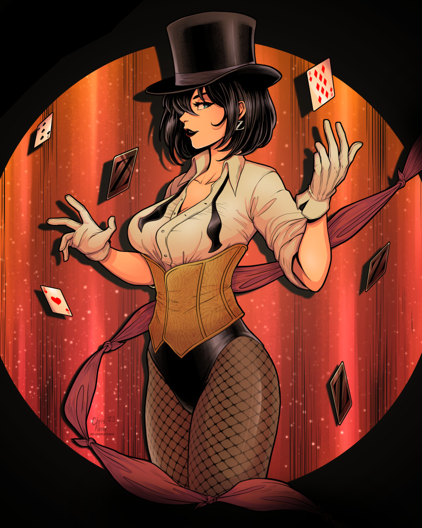 1girl absurdres blue_eyes collarbone cowboy_shot dc_comics earrings fishnet_pantyhose fishnets gloves highres jewelry kluverdesigns magician pantyhose poker profile red_lips red_ribbon ribbon shirt short_hair smile solo western_comics_(style) white_gloves white_shirt zatanna_zatara