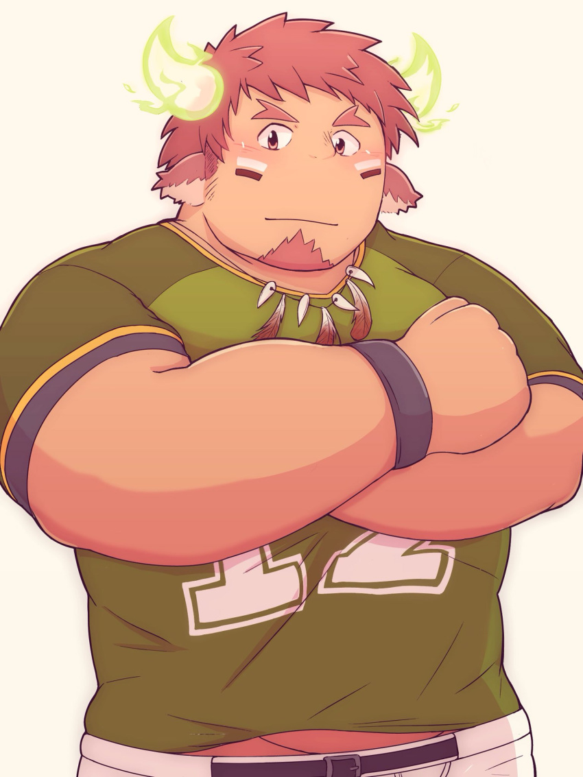 1boy american_football_uniform animal_ears bara blush brown_eyes brown_hair cow_boy cow_ears cow_horns cowboy_shot crossed_arms dark-skinned_male dark_skin eye_black facial_hair feather_necklace fiery_horns forked_eyebrows glowing_horns goatee green_shirt highres horns iorai jewelry looking_at_viewer male_focus midriff_peek muscular muscular_male necklace shirt short_hair short_sleeves sideburns_stubble solo spiked_hair sportswear thick_eyebrows tight_clothes tight_shirt tokyo_afterschool_summoners wakan_tanka