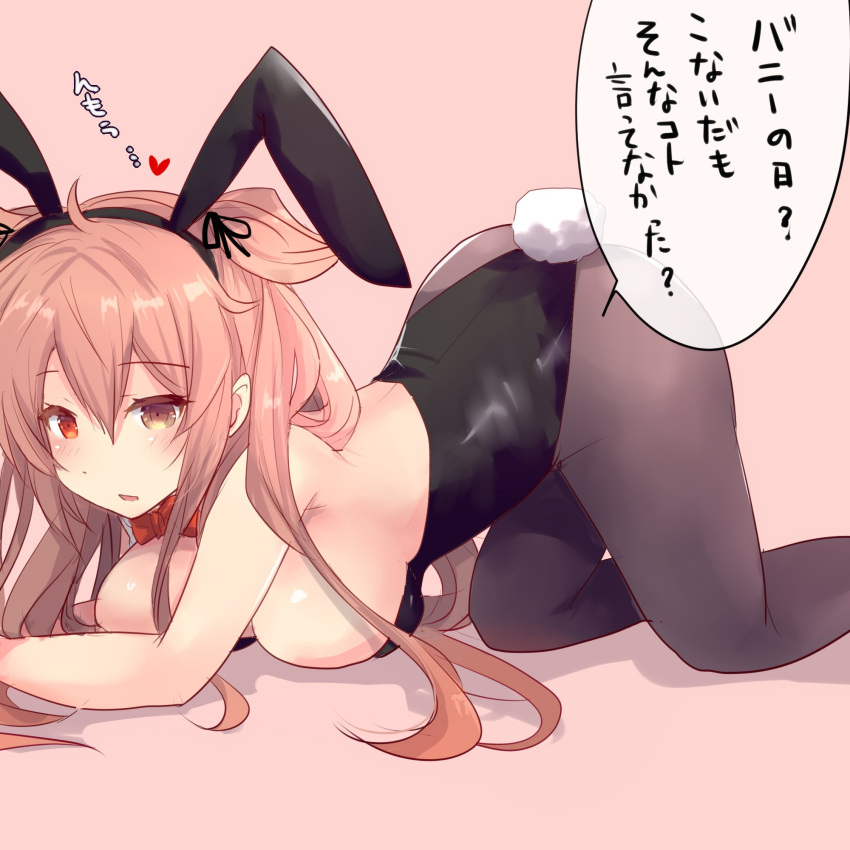 1girl all_fours alternate_costume animal_ears black_leotard black_pantyhose bow bowtie breast_press breasts brown_eyes bunny_day commentary_request detached_collar hair_flaps heterochromia highres hirune_(konekonelkk) kantai_collection large_breasts leotard light_brown_hair long_hair murasame_(kancolle) murasame_kai_ni_(kancolle) pantyhose playboy_bunny rabbit_ears rabbit_tail red_background red_bow red_bowtie red_eyes solo strapless strapless_leotard tail translation_request two_side_up wrist_cuffs