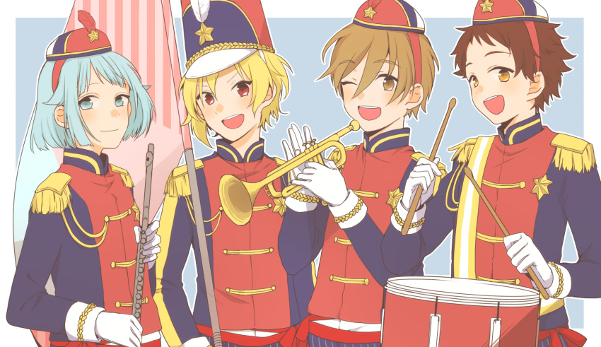 4boys badge band_uniform bishounen blonde_hair blue_eyes blue_hair border brown_eyes brown_hair drum_major drumsticks ensemble_stars! epaulettes flute gloves highres holding holding_drumsticks holding_instrument instrument male_focus marching_band mashiro_tomoya multiple_boys nito_nazuna noaxao one_eye_closed open_mouth shino_hajime snare_drum teeth tenma_mitsuru trumpet upper_teeth_only white_border white_gloves