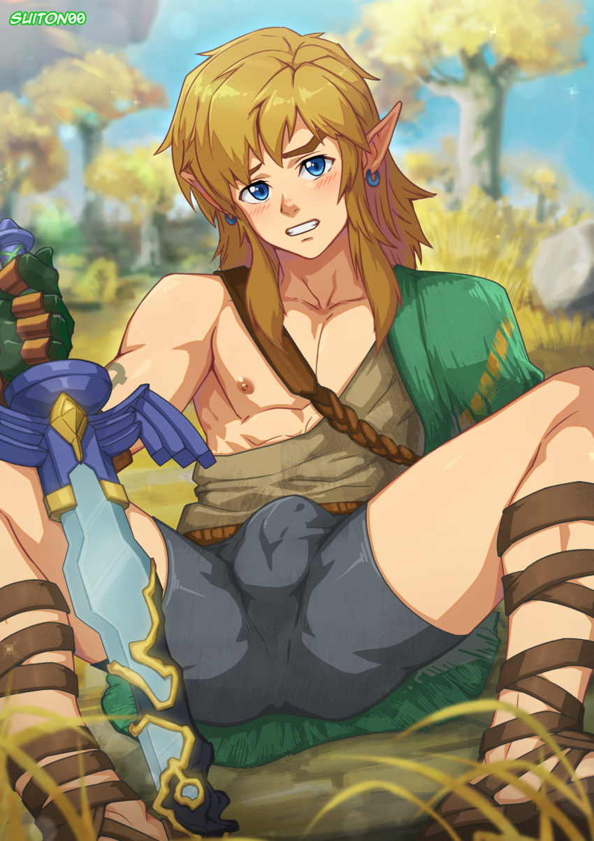 2023 absurd_res blonde_hair blue_eyes blush bulge clothing ear_piercing ear_ring elf grass hair hi_res holding_object holding_sword holding_weapon humanoid humanoid_pointy_ears hylian light_body light_skin link long_hair looking_at_viewer male master_sword melee_weapon nintendo nipples not_furry piercing plant ring_piercing signature sitting solo suiton00 sword tears_of_the_kingdom the_legend_of_zelda tree weapon