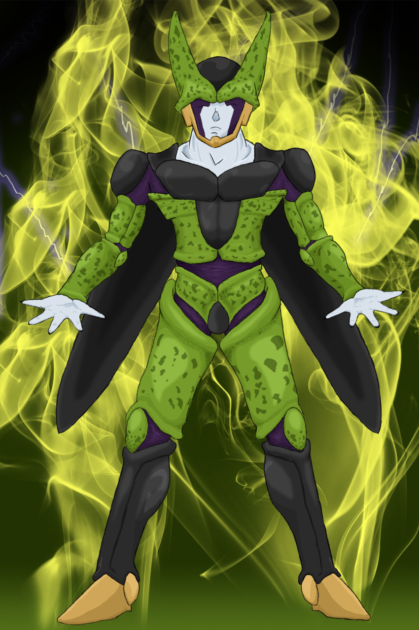 1boy cell_(dragon_ball) closed_eyes colored_skin dragon_ball dragon_ball_z full_body green_skin highres jamesbeavers91 lightning muscular muscular_male perfect_cell solo solo_focus standing wings