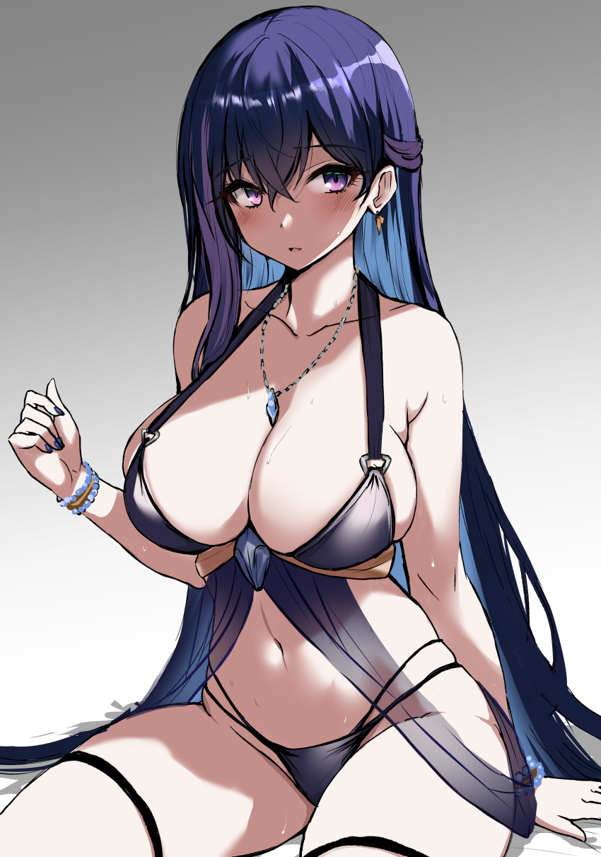 1girl absurdres bazooka_cat bikini black_bikini blue_hair blush bracelet breasts cleavage collarbone colored_inner_hair commentary_request crossed_bangs earrings facing_viewer forcas hair_between_eyes halterneck hand_up highres jewelry large_breasts long_bangs long_hair looking_ahead multicolored_hair nail_polish necklace parted_lips pearl_bracelet phantom_of_the_kill purple_eyes purple_hair purple_nails simple_background sitting solo sweat swimsuit thigh_strap very_long_hair