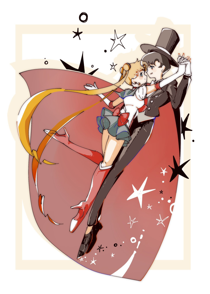 1boy 1girl bishoujo_senshi_sailor_moon blonde_hair blue_sailor_collar blue_skirt boots bow breasts cape chiba_mamoru couple double_bun gloves hair_bun hat hetero highres red_bow red_footwear sailor_collar sailor_moon skirt tsukino_usagi tuxedo_kamen white_gloves xirapha