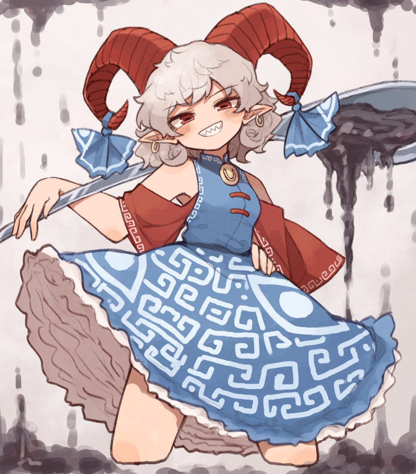 1girl blue_dress blue_ribbon blush cowboy_shot cropped_legs curled_horns dress earrings grey_hair grin highres holding holding_spoon horn_ornament horn_ribbon horns jewelry kaginoni looking_at_viewer oversized_object pointy_ears red_eyes red_horns red_sleeves ribbon sharp_teeth sheep_horns short_hair smile solo spoon teeth touhou toutetsu_yuuma