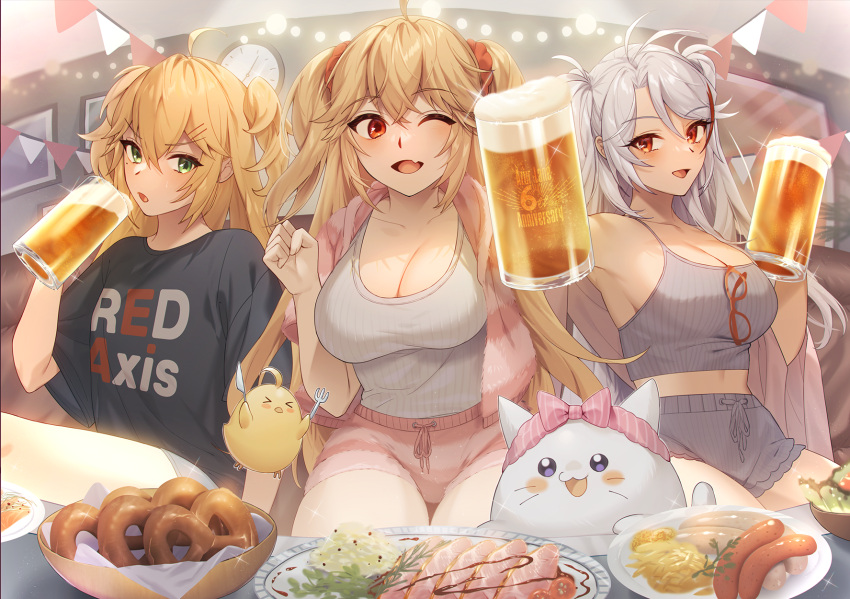 &gt;_&lt; 3girls :d :o ;d admiral_hipper_(azur_lane) ahoge alcohol alternate_costume anniversary antenna_hair armpits azur_lane bare_shoulders beer beer_mug bird black_shorts blonde_hair bluecher_(azur_lane) breasts cat chick cleavage clenched_hand clock collarbone commentary_request crop_top cup eyewear_hang eyewear_removed fang flat_chest food fur_jacket green_eyes grey_shorts grey_tank_top hair_between_eyes highres holding holding_cup indoors jacket large_breasts long_hair looking_at_viewer loungewear manjuu_(azur_lane) meowfficer_(azur_lane) midriff mimiko_(fuji_310) mole mole_under_eye mug multicolored_hair multiple_girls one_eye_closed open_clothes open_jacket open_mouth pink_jacket pink_shorts pretzel prinz_eugen_(azur_lane) red_eyes red_hair sausage shawl shirt short_shorts short_sleeves shorts sidelocks sitting skin_fang smile streaked_hair string_of_flags t-shirt tank_top twintails two_side_up wall_clock white_hair