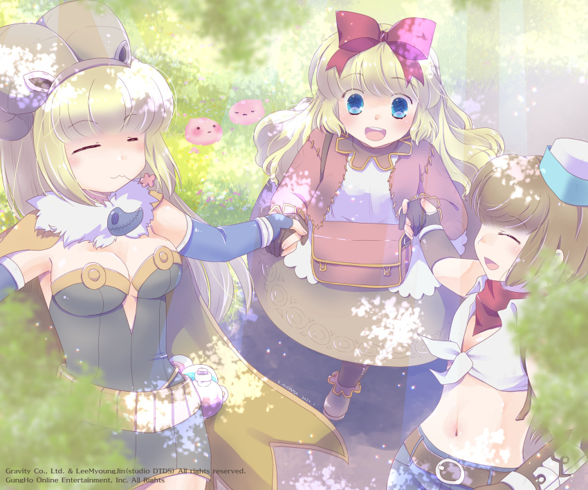 3girls :3 absurdres alchemist_(ragnarok_online) bandana biretta blacksmith_(ragnarok_online) blonde_hair blue_eyes blue_gloves blue_shorts blush bow breasts brown_bag brown_cape brown_gloves brown_hair brown_horns brown_jacket brown_skirt cape closed_eyes closed_mouth commentary_request crop_top dappled_sunlight day dress elbow_gloves fake_horns feet_out_of_frame fingerless_gloves flask flat_chest flower_in_mouth fur_collar gloves grass grey_dress hair_bow highres holding_hands horns jacket jewelry long_hair long_sleeves looking_at_another magatama magatama_necklace medium_bangs medium_breasts merchant_(ragnarok_online) midriff multiple_girls navel necklace okosama_lunch_(sendan) open_clothes open_jacket open_mouth poring potion ragnarok_online red_bandana red_bow round-bottom_flask round_teeth shirt short_dress short_hair shorts skirt sleeveless sleeveless_shirt smile strapless strapless_dress sunlight teeth tied_shirt upper_teeth_only white_headwear white_shirt