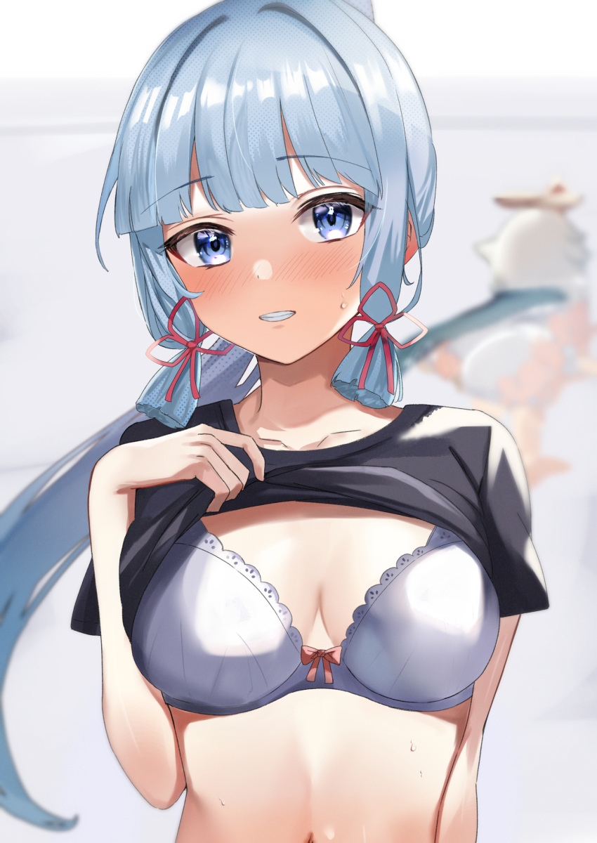 1girl black_shirt blue_eyes blue_hair blunt_bangs blunt_tresses blush bow bow_bra bra breasts cleavage clothes_lift collarbone embarrassed flower_knot genshin_impact hair_ornament hair_ribbon highres kamisato_ayaka light_blue_hair long_hair looking_at_viewer medium_breasts navel nohohon_neko nose_blush ponytail ribbon shirt shirt_lift sidelocks smile solo sweatdrop underwear upper_body white_bra