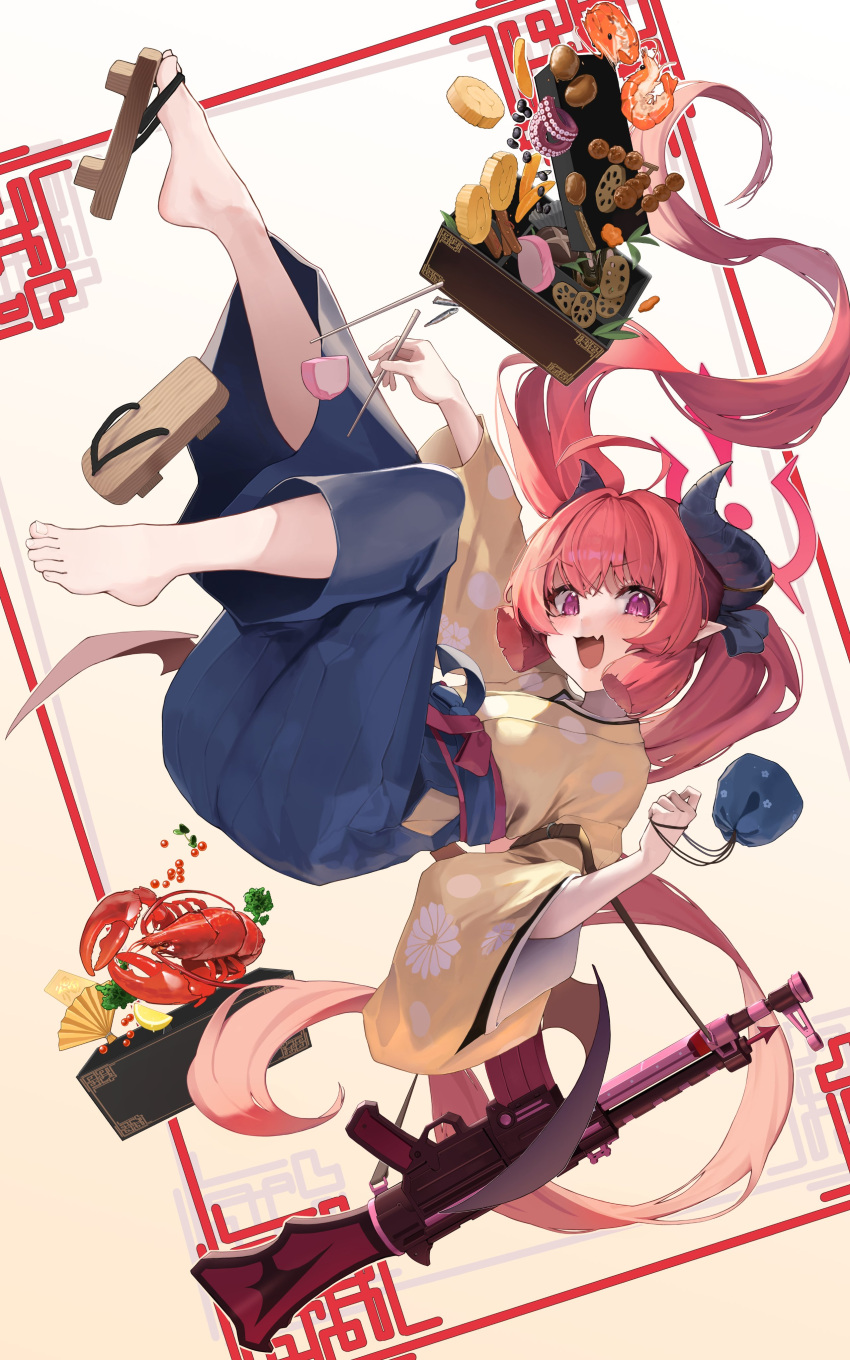 1girl absurdres ahoge assault_rifle barefoot bento black_horns blue_archive blue_skirt brown_background chopsticks commentary dress eyelashes fang feet floating floral_print food fruit full_body geta gradient_background gradient_hair gun hakama hakama_skirt halo highres holding holding_chopsticks horns japanese_clothes junko_(blue_archive) junko_(new_year)_(blue_archive) kimono knees_together_feet_apart lemon lemon_slice lobster looking_at_viewer magazine_(weapon) multicolored_hair official_alternate_costume open_mouth pink_hair pleated_dress pomp_(qhtjd0120) purple_eyes red_hair red_halo rifle sandals shadow shrimp sidelocks skin_fang skirt solo stg44 symbol-only_commentary toenails toes weapon white_background wide_sleeves yellow_kimono