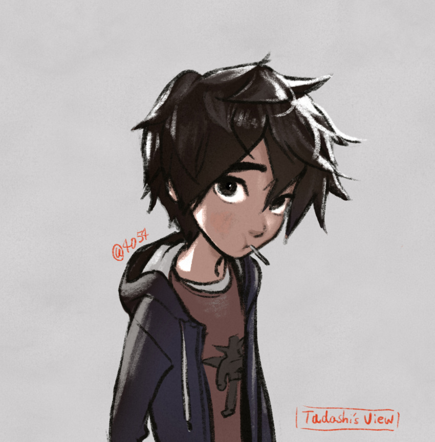 1boy artist_name big_hero_6 black_eyes child commentary_request grey_background highres hiro_hamada hood hooded_jacket jacket male_focus messy_hair mouth_hold red_shirt shiogochi shirt simple_background solo upper_body