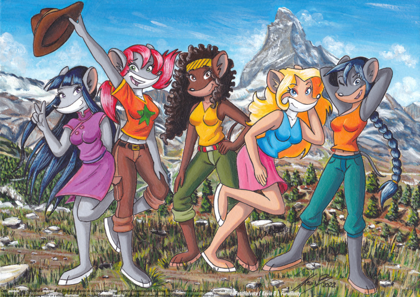 acrylic_painting_(artwork) alps barefoot black_belt blonde_hair blue_clothing blue_eyes blue_hair blue_topwear bottomwear braided_hair brown_body brown_bottomwear brown_clothing brown_eyes brown_fur brown_hair brown_hat brown_headwear brown_pants cervin clothing colette_(thea_sisters) cowboy_hat detailed_background feet female fur geronimo_stilton_(series) green_bottomwear green_clothing green_eyes green_pants grey_body grey_fur group hair hat headgear headwear hi_res landscape_background leptitsuisse1912_(lepetithelvete) mammal matterhorn mountain mouse murid murine nicky_(thea_sisters) orange_clothing orange_topwear painting_(artwork) pamela_(thea_sisters) pants paulina_(thea_sisters) pigtails pink_bottomwear pink_clothing pink_skirt purple_clothing purple_eyes rat red_belt red_hair rodent skirt switzerland tan_body tan_fur thea_sisters thea_stilton_(series) topwear traditional_media_(artwork) violet_(thea_sisters) yellow_clothing yellow_topwear