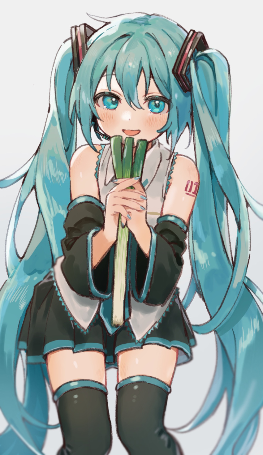 1girl bare_shoulders black_footwear black_skirt black_sleeves blue_eyes blue_hair blue_nails cowboy_shot detached_sleeves food grey_shirt hair_ornament hatsune_miku highres holding holding_food long_hair long_sleeves open_mouth pleated_skirt shirt simple_background skirt smile solo spring_onion twintails uminokaisen very_long_hair vocaloid white_background