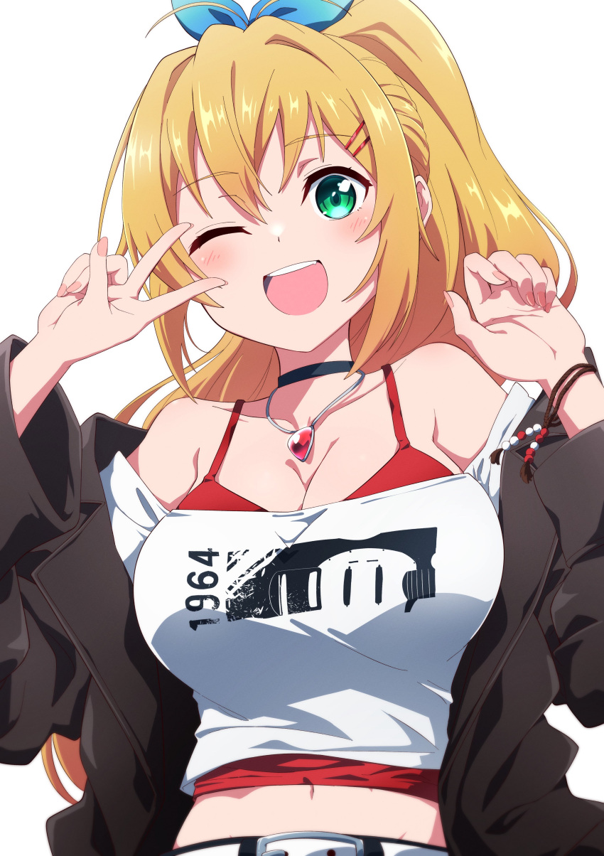 1girl absurdres aimusu belt blue_bow bow breasts cevio choker cleavage hair_bow hands_up highres jacket jewelry large_breasts long_sleeves midriff necklace off-shoulder_shirt off_shoulder one_eye_closed open_clothes open_jacket open_mouth ponytail shirt solo spaghetti_strap tank_top tsurumaki_maki v voiceroid