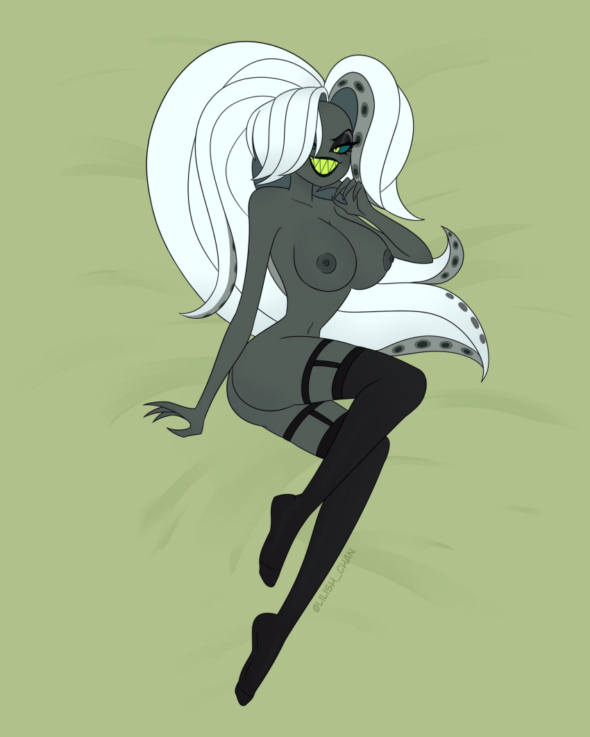 big_breasts big_butt black_body breasts butt demon demon_humanoid fangs female green_eyes hazbin_hotel helsa_von_eldritch hi_res humanoid lilish_chan nipples nude open_mouth open_smile smile solo teeth thick_thighs