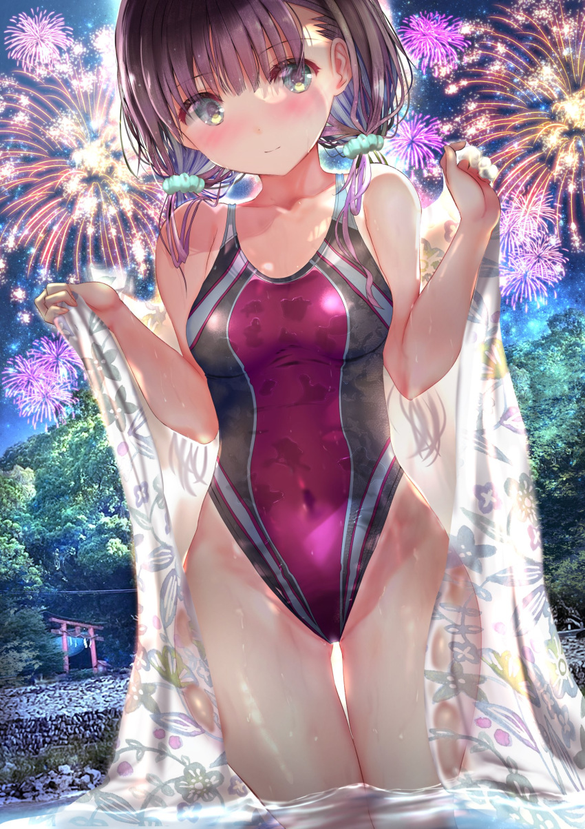 1girl absurdres black_one-piece_swimsuit blue_eyes blush bra breasts brown_hair cleavage closed_mouth collarbone competition_swimsuit covered_navel fireworks hair_ornament hair_scrunchie highres holding holding_clothes long_hair looking_at_viewer night ogata_tei one-piece_swimsuit original outdoors river riverbank scrunchie sky small_breasts solo swimsuit thigh_gap tree twintails underwear water