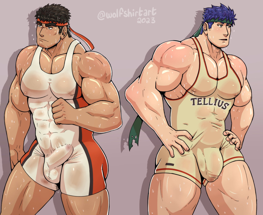 2boys bara blue_eyes blue_hair bodysuit bulge covered_penis crossover dark-skinned_male dark_skin english_commentary erection erection_under_clothes feet_out_of_frame fire_emblem fire_emblem:_radiant_dawn forked_eyebrows half-erect headband highres ike_(fire_emblem) looking_ahead male_focus multicolored_bodysuit multicolored_clothes multiple_boys pectoral_cleavage pectorals red_bodysuit ryu_(street_fighter) short_hair sidepec singlet street_fighter sweaty_clothes thick_eyebrows white_bodysuit wolfshirtart