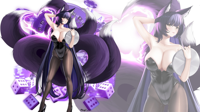1girl absurdres animal_ear_fluff animal_ears arm_behind_head azur_lane bare_shoulders black_footwear black_hair black_leotard black_nails breasts card collarbone dice electricity facial_mark fox_ears fox_girl fox_tail high_heels highres holding holding_tray kitsune large_breasts leotard long_hair musashi_(azur_lane) pantyhose playboy_bunny playing_card poker_chip proxyl roulette signature tail tray very_long_hair yellow_eyes