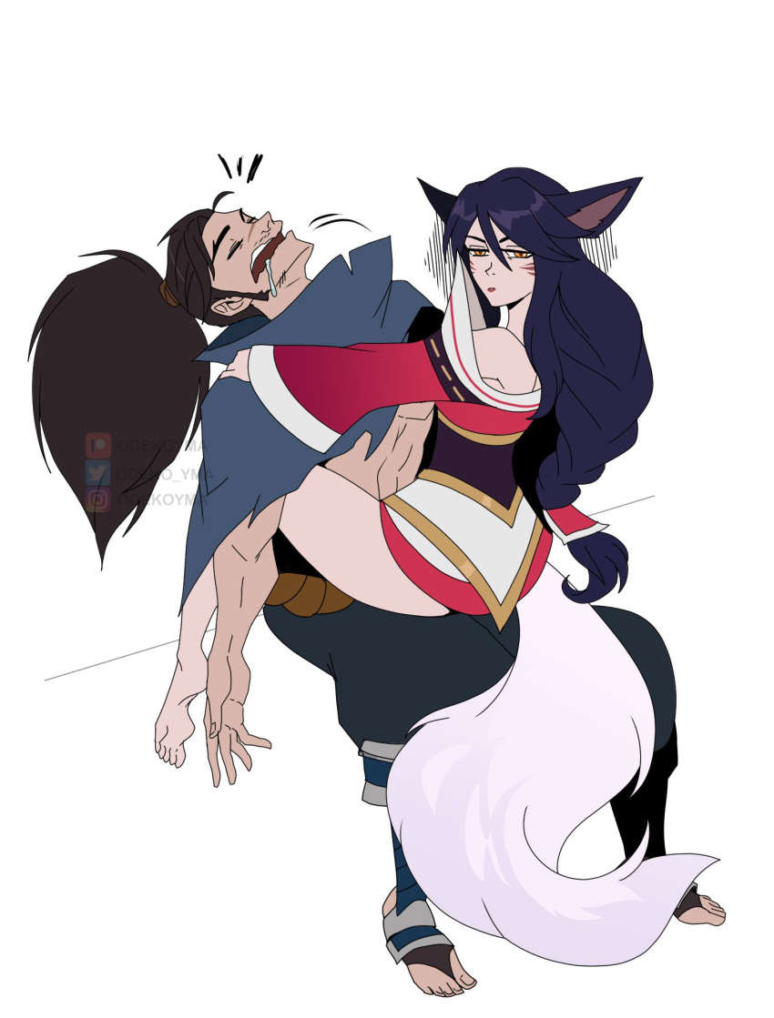 1boy 1girl ahri_(league_of_legends) animal_ears annoyed artist_name bare_shoulders beard black_hair black_pants brown_hair facial_hair fox_ears fox_girl fox_tail from_behind heart highres invisible_chair kitsune korean_clothes kyuubi league_of_legends long_hair long_sleeves looking_at_viewer multiple_tails odeko_yma on_lap open_mouth pants ponytail saliva simple_background sitting sleeping tail watermark white_background yasuo_(league_of_legends)