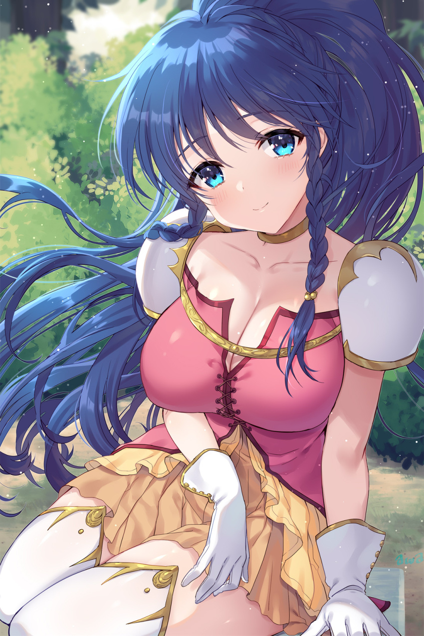 1girl aqua_eyes awayuki_ramika blue_hair braid breasts bush choker cleavage closed_mouth collarbone commentary_request day fire_emblem fire_emblem:_the_sacred_stones gloves grass highres leaf long_hair looking_at_viewer medium_breasts outdoors red_shirt shirt shoulder_guard sitting skirt smile solo tana_(fire_emblem) thighhighs twin_braids very_long_hair white_gloves white_thighhighs yellow_skirt