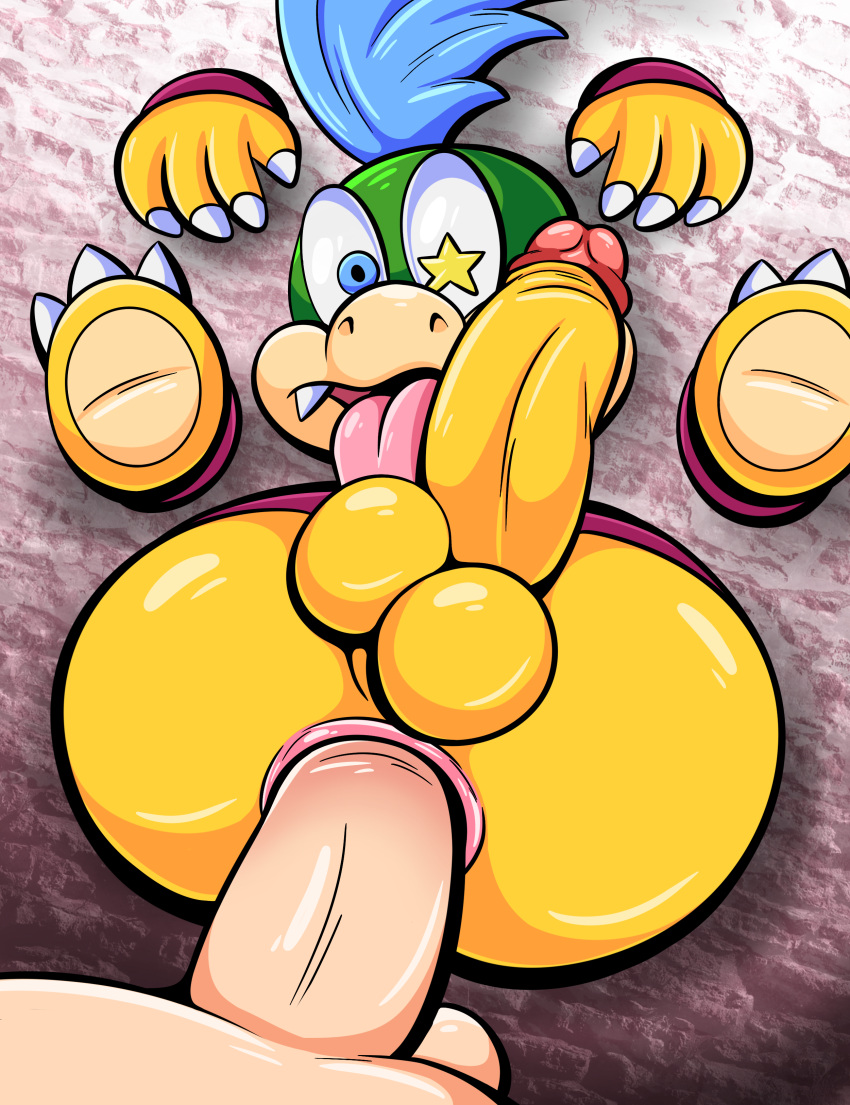 absurd_res anal anal_penetration anthro balls duo erection feet genitals hair hi_res koopa koopaling larry_koopa male male/male mario_bros nintendo penetration penis scalie sex tepigfan101 through_wall toad_(mario) tongue tongue_out wall_(structure)