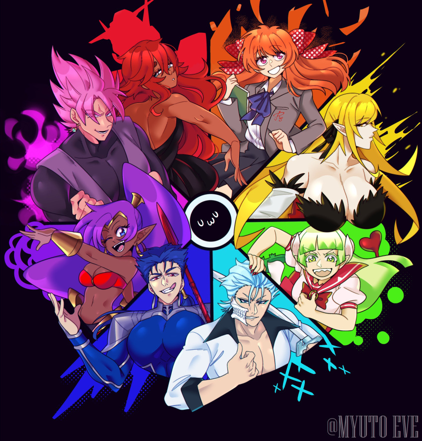 3boys 5girls absurdres backless_dress backless_outfit bleach blonde_hair blue_hair blunt_bangs blunt_ends breasts cleavage collarbone color_wheel_challenge commentary cu_chulainn_(fate) cu_chulainn_(fate/stay_night) dark-skinned_female dark_skin dragon_ball dragon_ball_super dress earrings english_commentary fate/stay_night fate_(series) gekkan_shoujo_nozaki-kun goku_black green_hair grimmjow_jaegerjaquez gundam gundam_suisei_no_majo hair_between_eyes heart highres holding holding_polearm holding_weapon hoop_earrings horns jewelry kiss-shot_acerola-orion_heart-under-blade kizumonogatari large_breasts long_hair long_sleeves looking_at_viewer mairimashita!_iruma-kun medium_breasts monogatari_(series) multiple_boys multiple_girls myutoeve navel one_eye_closed open_mouth orange_hair oshino_shinobu pink_hair pointy_ears polearm ponytail purple_hair red_hair sakura_chiyo shantae shantae_(series) spear suletta_mercury teeth tongue tongue_out twitter_username valac_clara watermark weapon