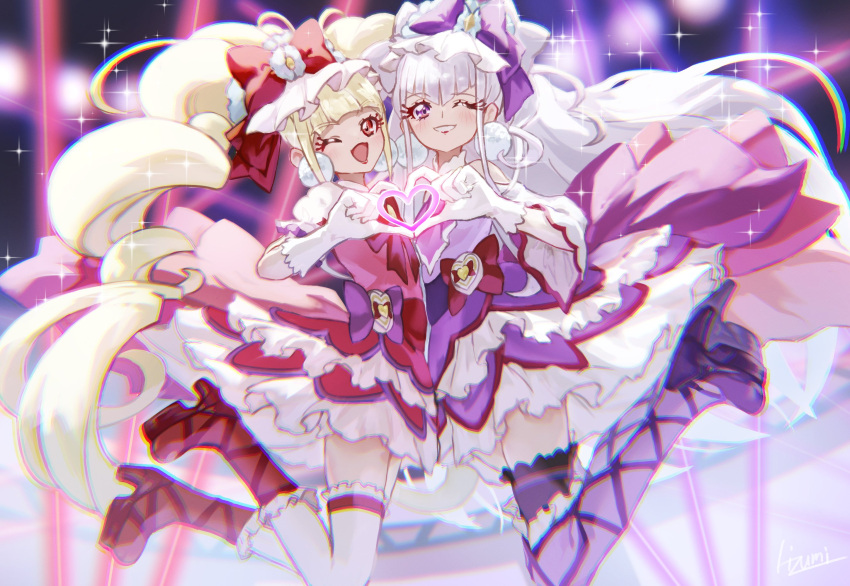 2girls :d aisaki_emiru blonde_hair boots bow cure_amour cure_macherie dress earrings eyelashes frills gloves hair_ornament hair_ribbon happy heart heart_hands highres hugtto!_precure jewelry jumping long_hair multiple_girls one_eye_closed pom_pom_(clothes) pom_pom_earrings precure purple_dress purple_eyes purple_footwear purple_hair purple_ribbon red_dress red_eyes red_footwear red_lips red_ribbon ribbon ruru_amour smile sparkle takahashi_hizumi thighhighs twintails white_gloves
