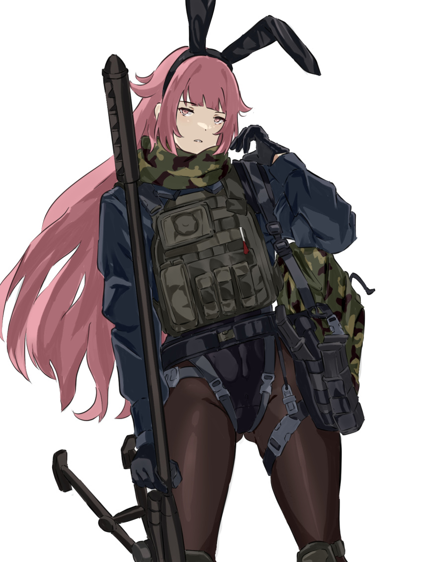 1girl animal_ears black_corset black_gloves black_jacket black_pantyhose camouflage character_request chest_rig corset fake_animal_ears girls'_frontline gloves gun highres jacket long_hair looking_at_viewer mutugorou_u pantyhose pink_eyes pink_hair playboy_bunny rifle sniper_rifle solo very_long_hair weapon white_background woodland_camouflage