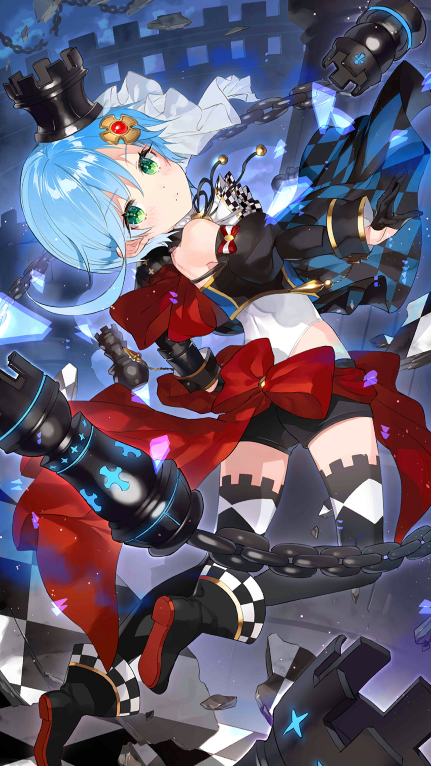 1girl ankle_boots back_bow bare_shoulders black_footwear black_gloves black_shorts black_sleeves black_thighhighs blue_hair blush boots bow chain chess_piece chessboard cornelia_(girl_cafe_gun) cross_hair_ornament crown dark_background detached_sleeves from_side full_body girl_cafe_gun gloves green_eyes hair_ornament half_gloves head_tilt highres jabot juliet_sleeves jumping lace-trimmed_legwear lace_trim legs_up long_sleeves looking_at_viewer looking_to_the_side mini_crown official_art parted_lips puffy_sleeves red_bow rook_(chess) shirt short_shorts shorts sleeveless sleeveless_shirt solo thighhighs white_shirt white_veil