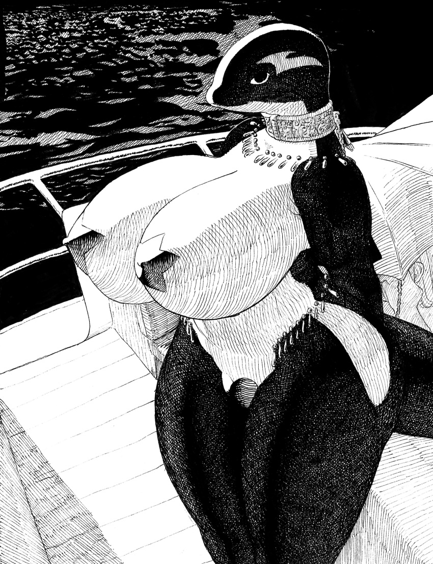 ambiguous_gender big_breasts boat breasts cetacean chain collar curvy_figure dolphin duo female hi_res huge_breasts huge_thighs human looking_at_viewer mammal marine metal_collar monochrome oceanic_dolphin orca pasties pen_(artwork) realius sea tassels thick_thighs toothed_whale traditional_media_(artwork) umbrella vehicle voluptuous water watercraft