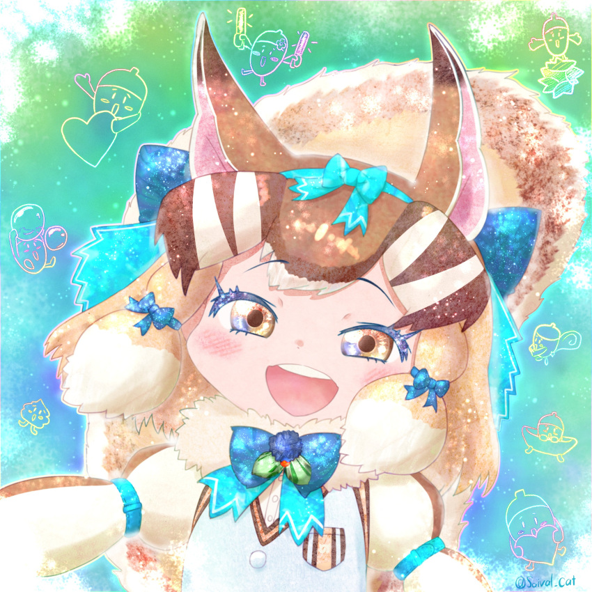 1girl absurdres acorn animal_ears belt blue_background brown_eyes brown_hair chipmunk_ears chipmunk_girl chipmunk_tail extra_ears highres kemono_friends kemono_friends_v_project looking_at_viewer microphone multicolored_hair ribbon saival_cat shirt short_hair siberian_chipmunk_(kemono_friends) simple_background smile solo tail two-tone_hair vest virtual_youtuber white_hair