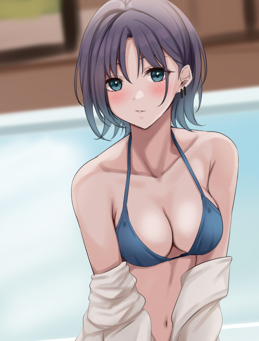 1girl asakura_toru bikini blue_bikini blurry blurry_background blush breasts cleavage collarbone earrings highres idolmaster idolmaster_shiny_colors jewelry looking_at_viewer medium_breasts navel outdoors pool purple_hair shirt solo swimsuit upper_body white_shirt yuzuyu_(hyui)