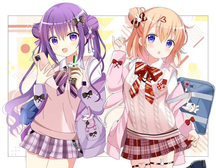 2girls absurdres bag blush cellphone commentary_request cowboy_shot drink drinking_straw gochuumon_wa_usagi_desu_ka? hair_between_eyes highres holding holding_drink holding_phone hoto_cocoa jacket long_hair long_sleeves medium_hair multiple_girls open_mouth orange_hair phone pink_jacket plaid plaid_skirt pleated_skirt purple_eyes purple_hair purple_jacket purple_skirt red_skirt ryoutan school_bag skirt smartphone smile sweater_vest tedeza_rize