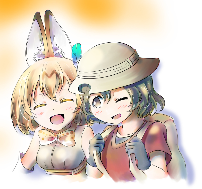 2girls animal_ear_fluff animal_ears backpack bag black_gloves black_hair bow bowtie brown_bag brown_hair brown_headwear closed_eyes collarbone elbow_gloves gloves hair_between_eyes hat hat_feather kaban_(kemono_friends) kashiwa_(3920kashiwa) kemono_friends multiple_girls one_eye_closed open_mouth red_shirt serval_(kemono_friends) serval_print shirt short_sleeves upper_body