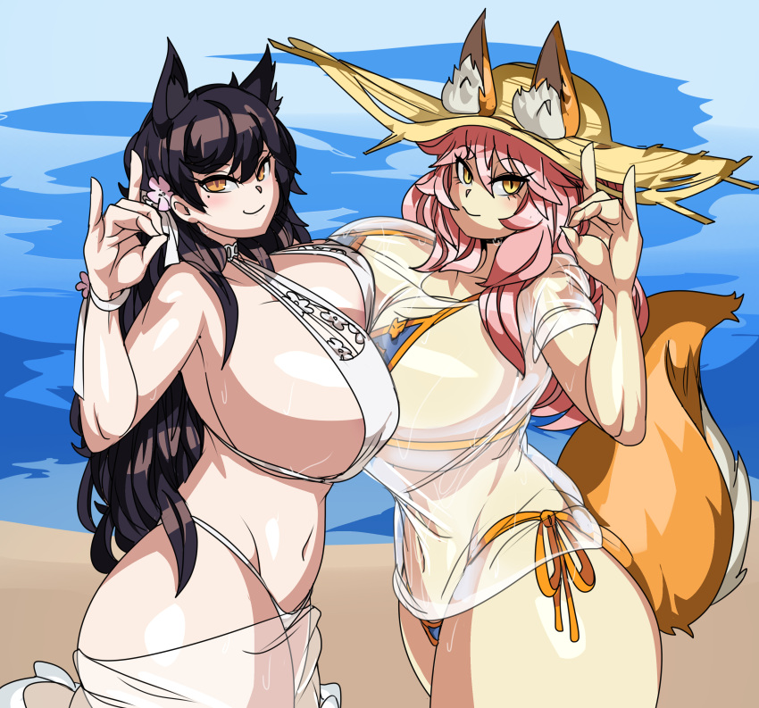 absurd_res animal_humanoid atago_(azur_lane) azur_lane beach big_breasts bikini black_hair breast_to_breast breasts canid canid_humanoid canine canine_humanoid captainkirb caster_tamamo-no-mae clothed clothing crossover digital_media_(artwork) dog_humanoid duo duo_focus fate_(series) female fox fox_humanoid fox_shadow_puppet fur gesture group hair hi_res huge_breasts humanoid inner_ear_fluff lancer_tamamo-no-mae mammal mammal_humanoid navel orange_body orange_fur orange_tail outside pink_hair sand seaside swimwear tail tuft type-moon yellow_eyes