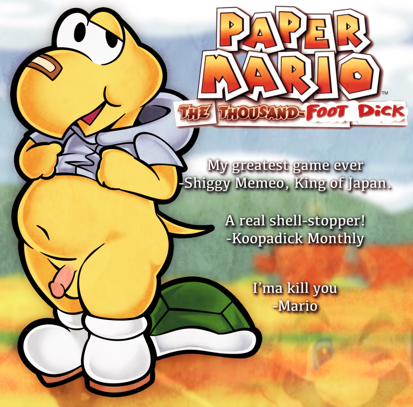 2023 absurd_res anthro band-aid bandage bandage_on_face beak blurred_background clothed clothing clothing_lift english_text flaccid footwear genitals grey_clothing grey_hoodie grey_topwear hi_res hoodie hoodie_lift humanoid_genitalia humanoid_penis koopa koopa_troopa koops logo male mario_bros navel nintendo open_mouth paper_mario parody penis salamikii scalie shell shell-less shoes slightly_chubby slightly_chubby_male solo style_parody tail text topwear white_clothing white_footwear white_shoes
