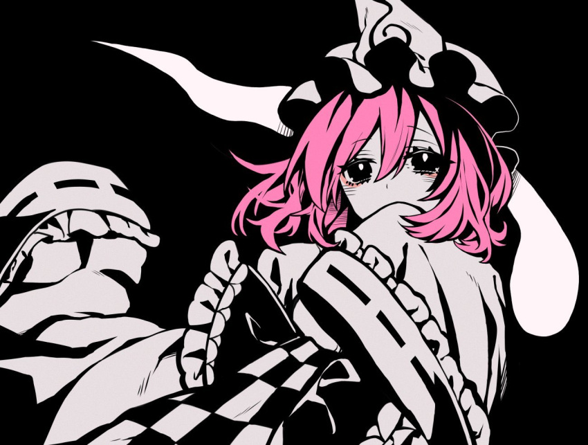 1girl checkered_clothes covered_mouth covering_mouth frilled_sleeves frills hair_between_eyes hand_over_own_mouth hand_up hat hitodama japanese_clothes kimono kyouda_suzuka looking_at_viewer medium_hair mob_cap monochrome pink_hair ribbon-trimmed_sleeves ribbon_trim saigyouji_yuyuko sleeves_past_fingers sleeves_past_wrists solo spot_color third-party_source touhou triangular_headpiece upper_body