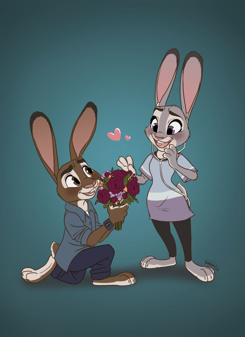 &lt;3 2016 alternate_species anthro artsymaria blush bouquet brown_body brown_eyes brown_fur buckteeth clock clothed clothing disney duo female flower flower_bouquet fur green_background grey_body grey_fur headphones hi_res judy_hopps kneeling lagomorph leporid male male/female mammal plant purple_eyes quentin_(zylo24) rabbit signature simple_background smile surprised_expression teeth watch zootopia