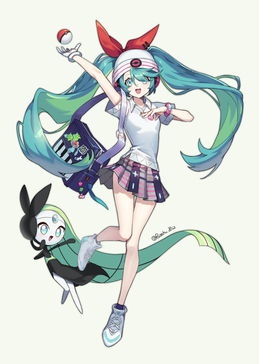 1girl aqua_eyes aqua_hair arm_up artist_name bag beanie bracelet duplicate gloves green_hair hat hatsune_miku headphones highres jewelry legs long_hair looking_at_viewer meloetta meloetta_(aria) mongguri multicolored_hair open_mouth pixel-perfect_duplicate pleated_skirt poke_ball poke_ball_(basic) pokemon pokemon_(creature) project_voltage psychic_miku_(project_voltage) shirt shoes short_sleeves shoulder_bag simple_background single_glove skirt twintails two-tone_hair vocaloid white_background white_footwear white_headwear white_shirt