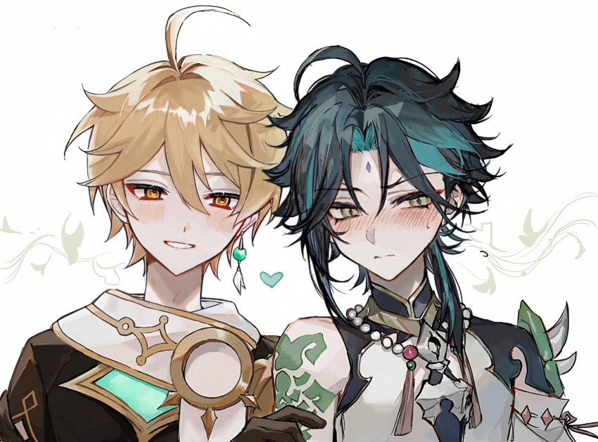 2boys aether_(genshin_impact) ahoge arm_tattoo bead_necklace beads black_hair blonde_hair blue_hair blush collaboration detached_sleeves earrings ego_(ego_inp) facial_mark forehead_mark genshin_impact hair_between_eyes heart highres jewelry leaf light_brown_hair male_focus multicolored_hair multiple_boys necklace orange_eyes parted_lips scarf simple_background single_detached_sleeve single_earring sweat tassel tattoo white_background white_scarf xiao_(genshin_impact) yaoi yellow_eyes yoimiya_(genshin_impact) zaso