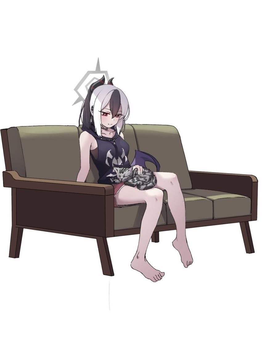 1girl animal animal_on_lap barefoot blue_archive cat cat_on_lap couch grey_halo halo highres horns kayoko_(blue_archive) legs nose_(oekaki1825) on_couch on_lap red_eyes simple_background sitting solo white_background