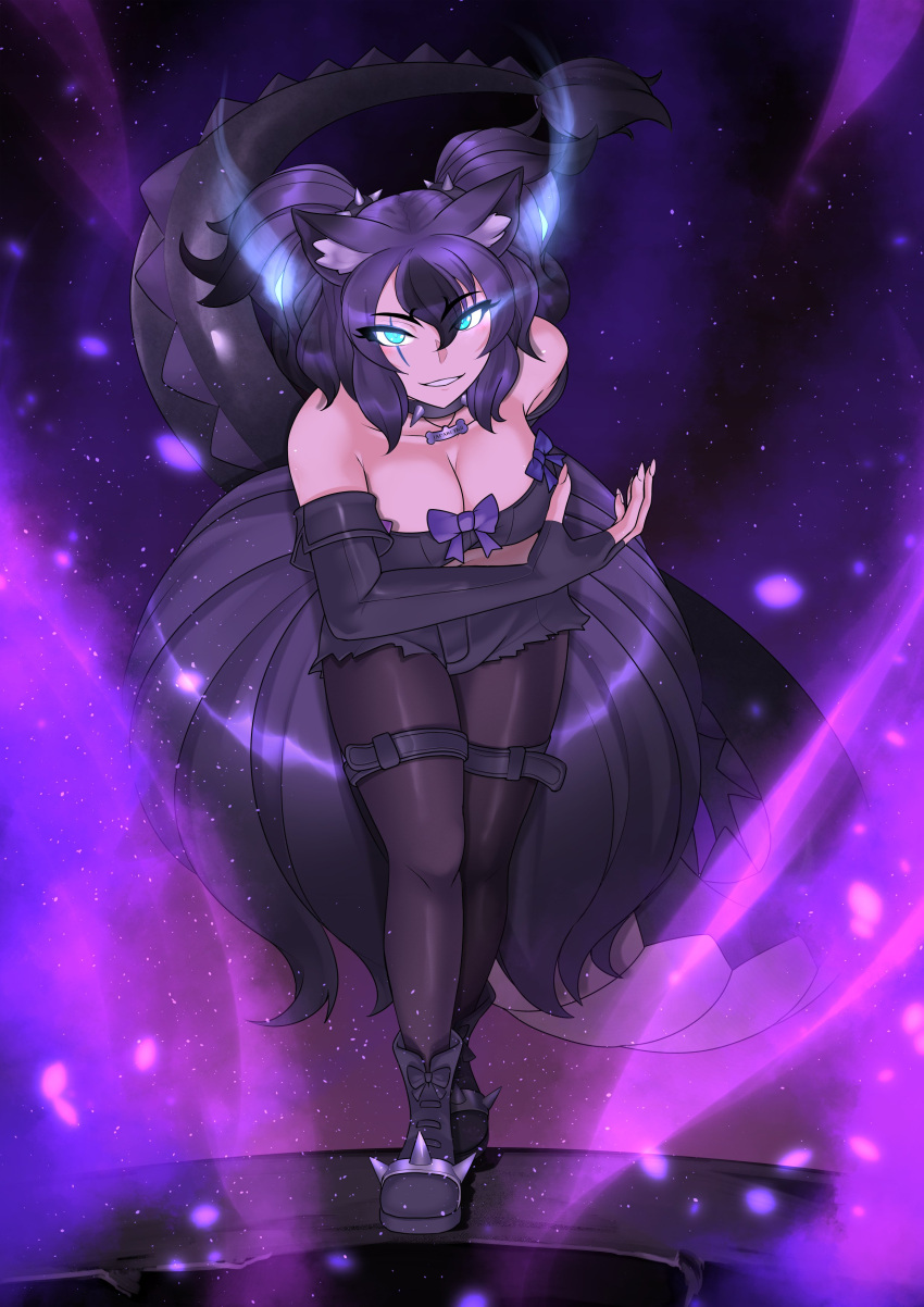 1girl absurdres animal_ears aqua_eyes arm_behind_back bare_shoulders belt bent_over big_hair black_collar black_footwear black_gloves black_hair black_shorts bone_necklace boots bow bowing breasts brown_pantyhose cerberus_(kemono_friends) cleavage collar collarbone cutoffs dog_ears elbow_gloves eyes_visible_through_hair fingerless_gloves gloves glowing glowing_eyes glowing_hair hair_between_eyes highres jewelry kawanami_eito kemono_friends kemono_friends_3 large_breasts light_trail lizard_tail long_tail looking_at_viewer midriff multicolored_hair pantyhose pantyhose_under_shorts parted_bangs parted_lips pendant purple_hair scar scar_across_eye scar_on_face short_shorts shorts smile solo spiked_collar spiked_footwear spikes standing stomach strapless tail thigh_belt thigh_strap tube_top two_side_up